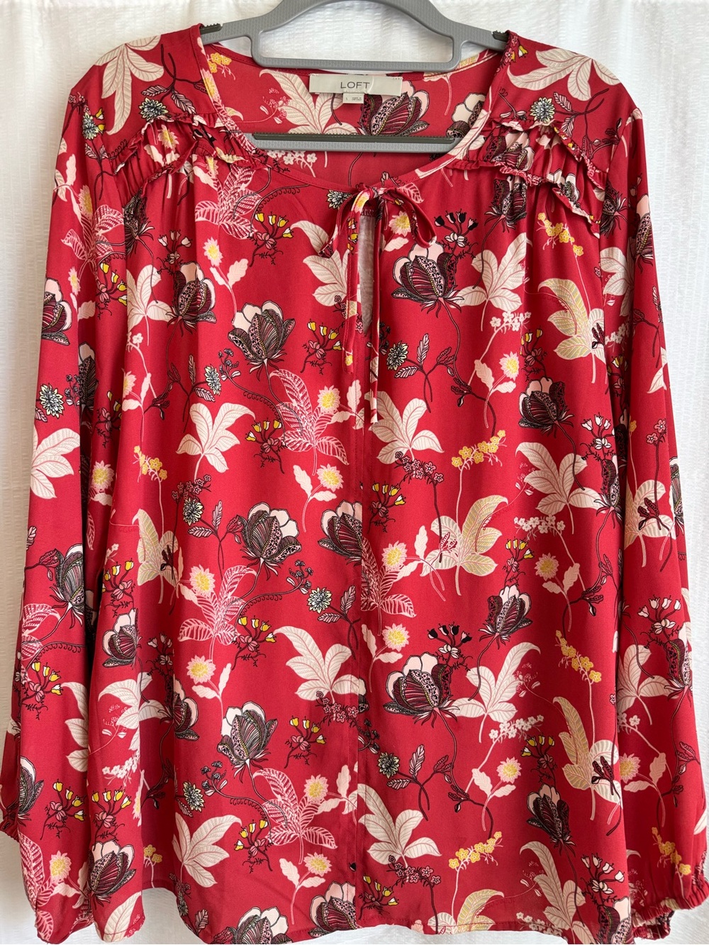 LOFT Soft Red Floral Tie-Neck Peasant Blouse